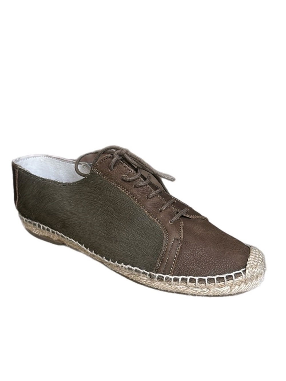 Anthropologie KMB Jorinda Espadrille Sneakers Leather Calf Hair Olive Brown Sz 9